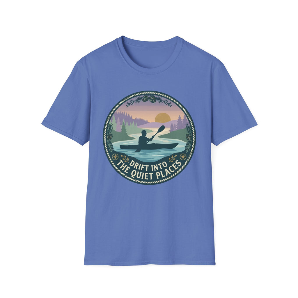 Kayak Sunset T‑Shirt — "Drift Into The Quiet Places" Outdoor Relaxation Tee