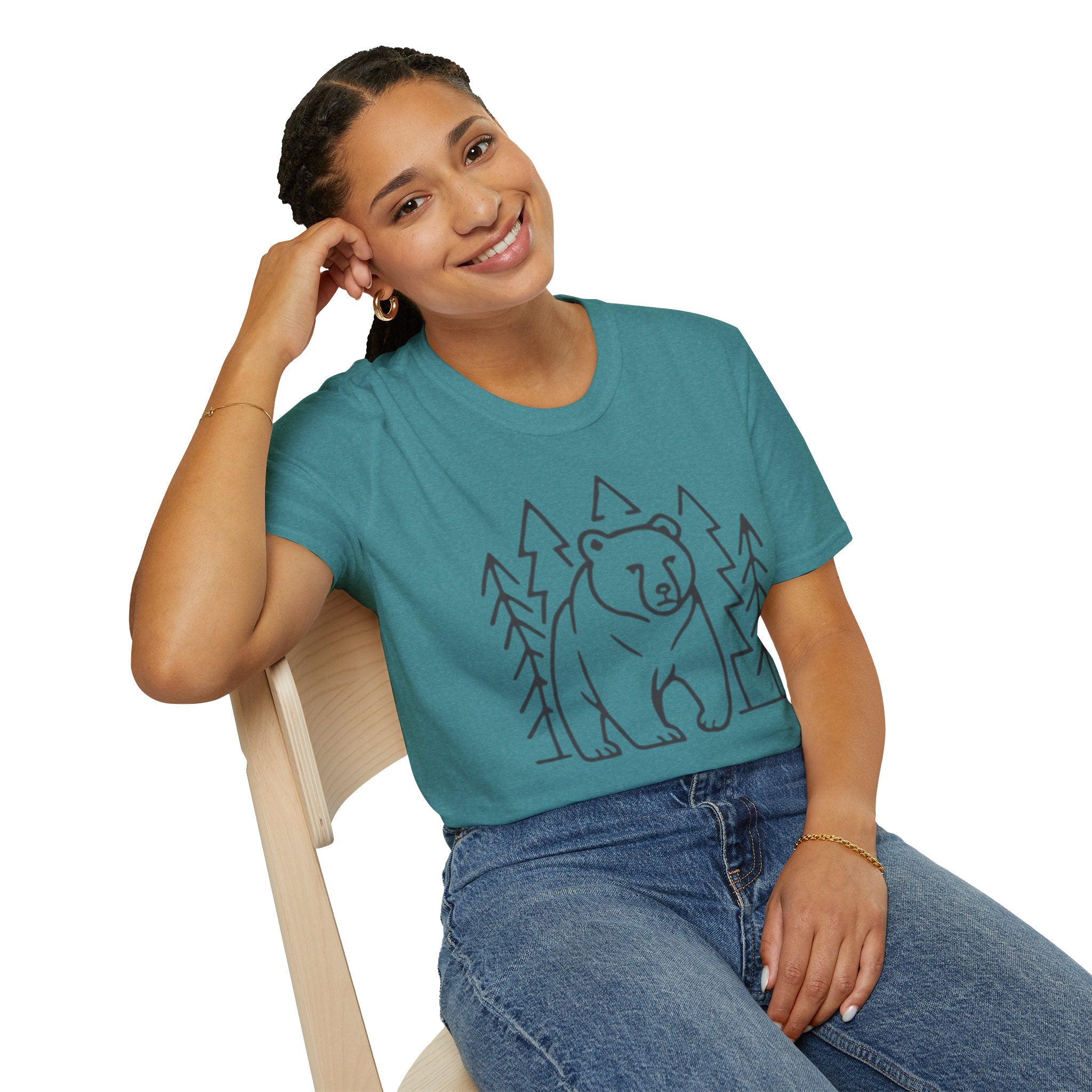 Bear & Pines T-Shirt — Minimal Line Drawing Woodland Tee