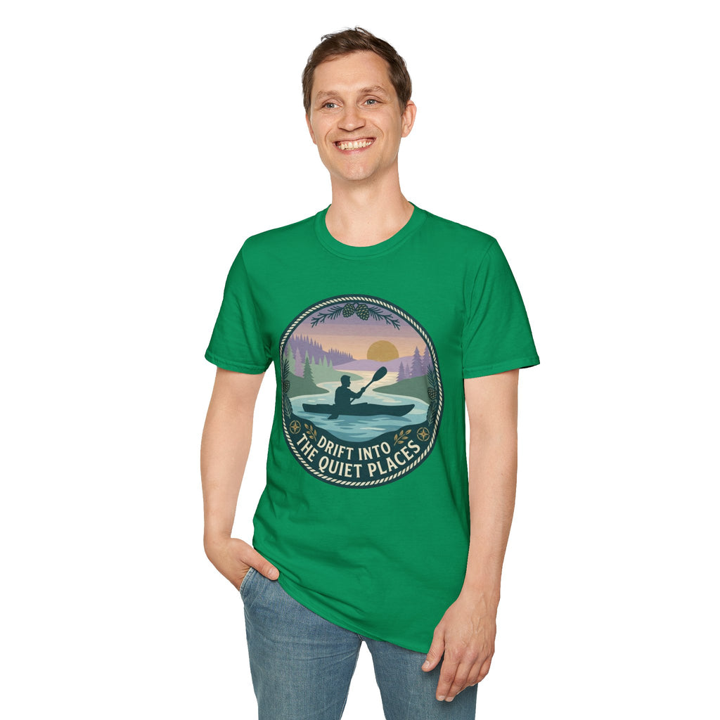 Kayak Sunset T‑Shirt — "Drift Into The Quiet Places" Outdoor Relaxation Tee