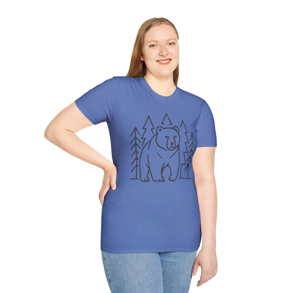Bear & Pines T-Shirt — Minimal Line Drawing Woodland Tee