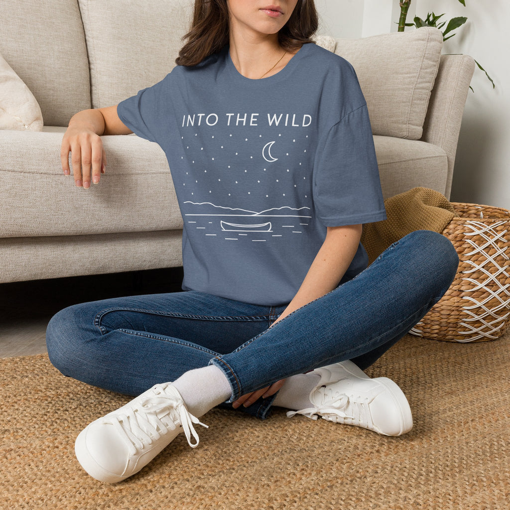 Into The Wild Canoe T-Shirt - Minimal Night Sky Lake Camping Tee