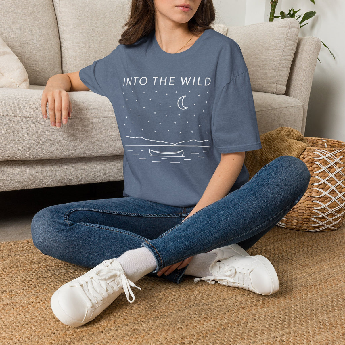 Into The Wild Canoe T-Shirt - Minimal Night Sky Lake Camping Tee