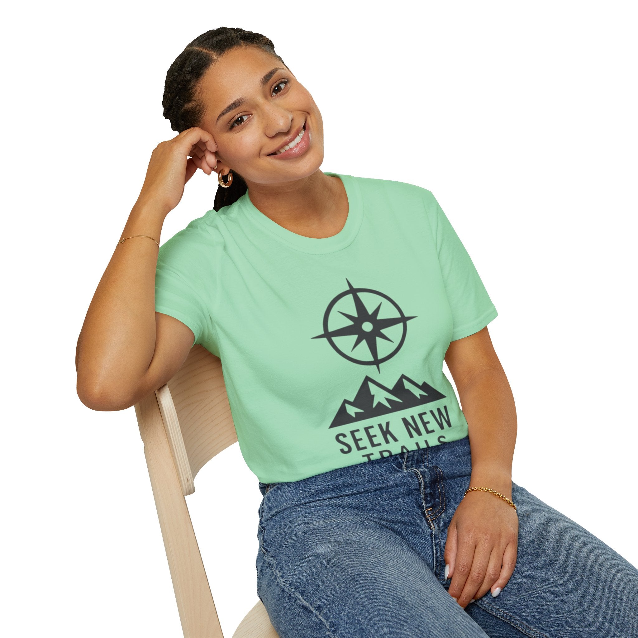 "Seek New Trails" Compass Over Mountains T-Shirt