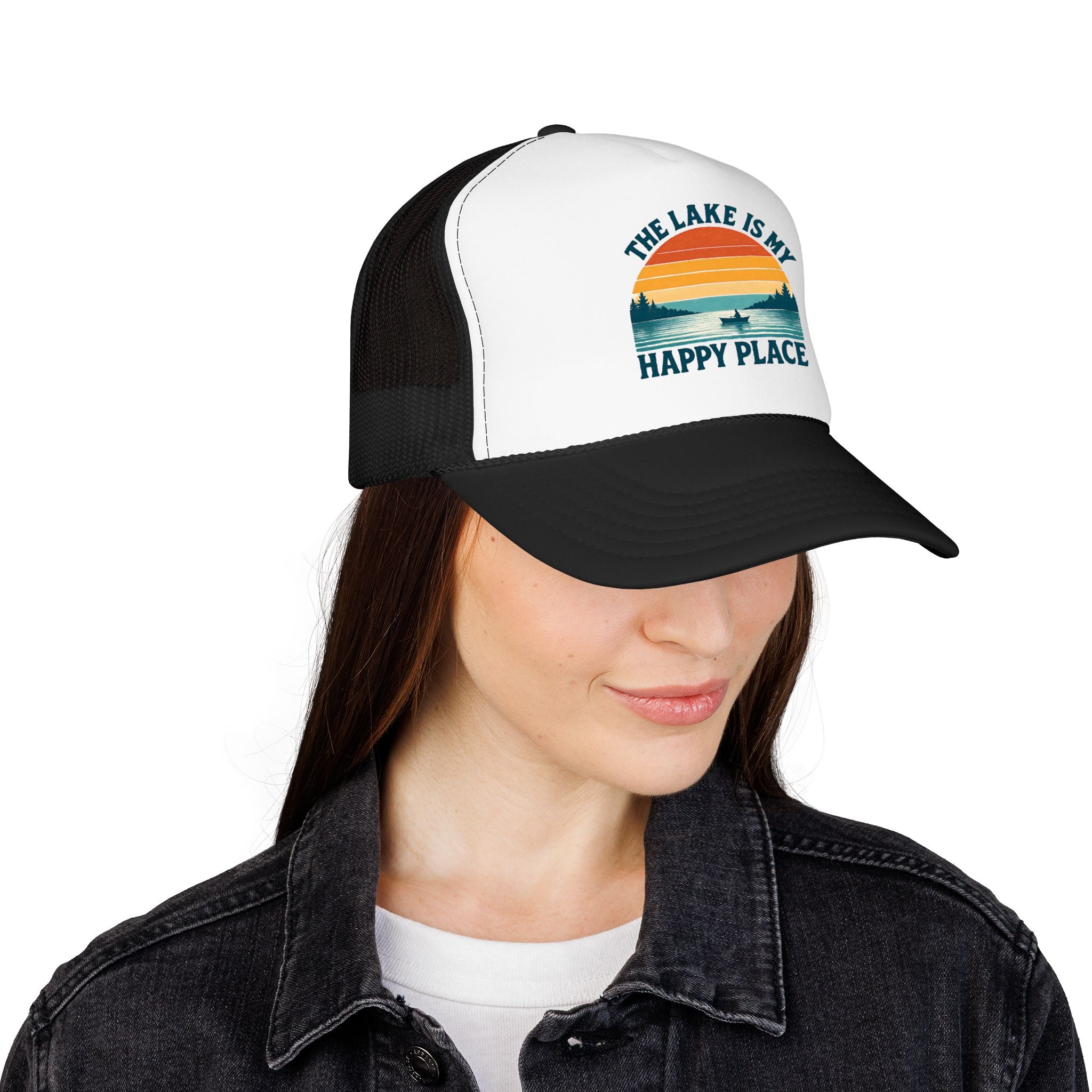 Lake Is My Happy Place Trucker Hat — Vintage Sunset Fishing Foam Cap