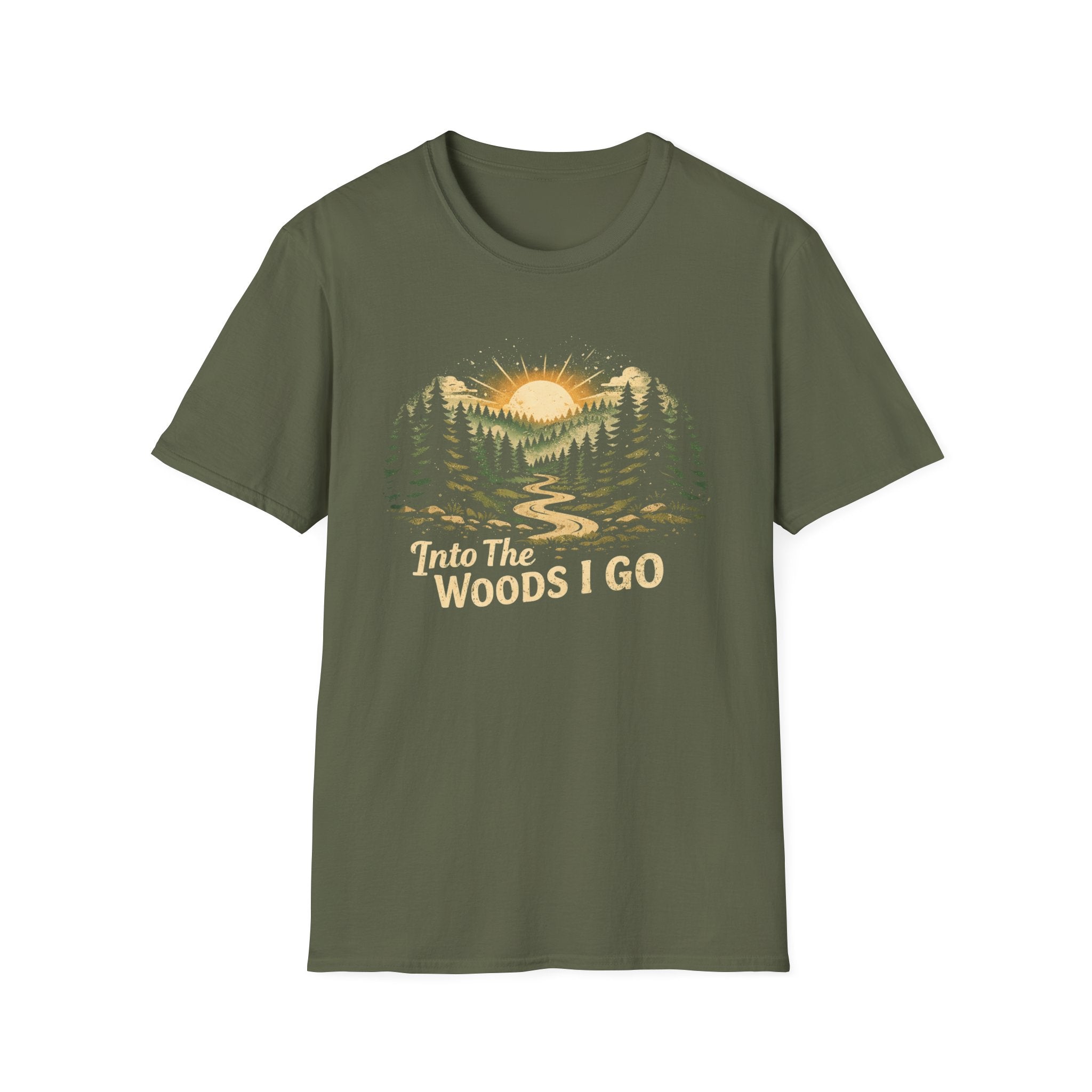 T-Shirt — "Into The Woods I Go" Vintage Forest Sunset Tee