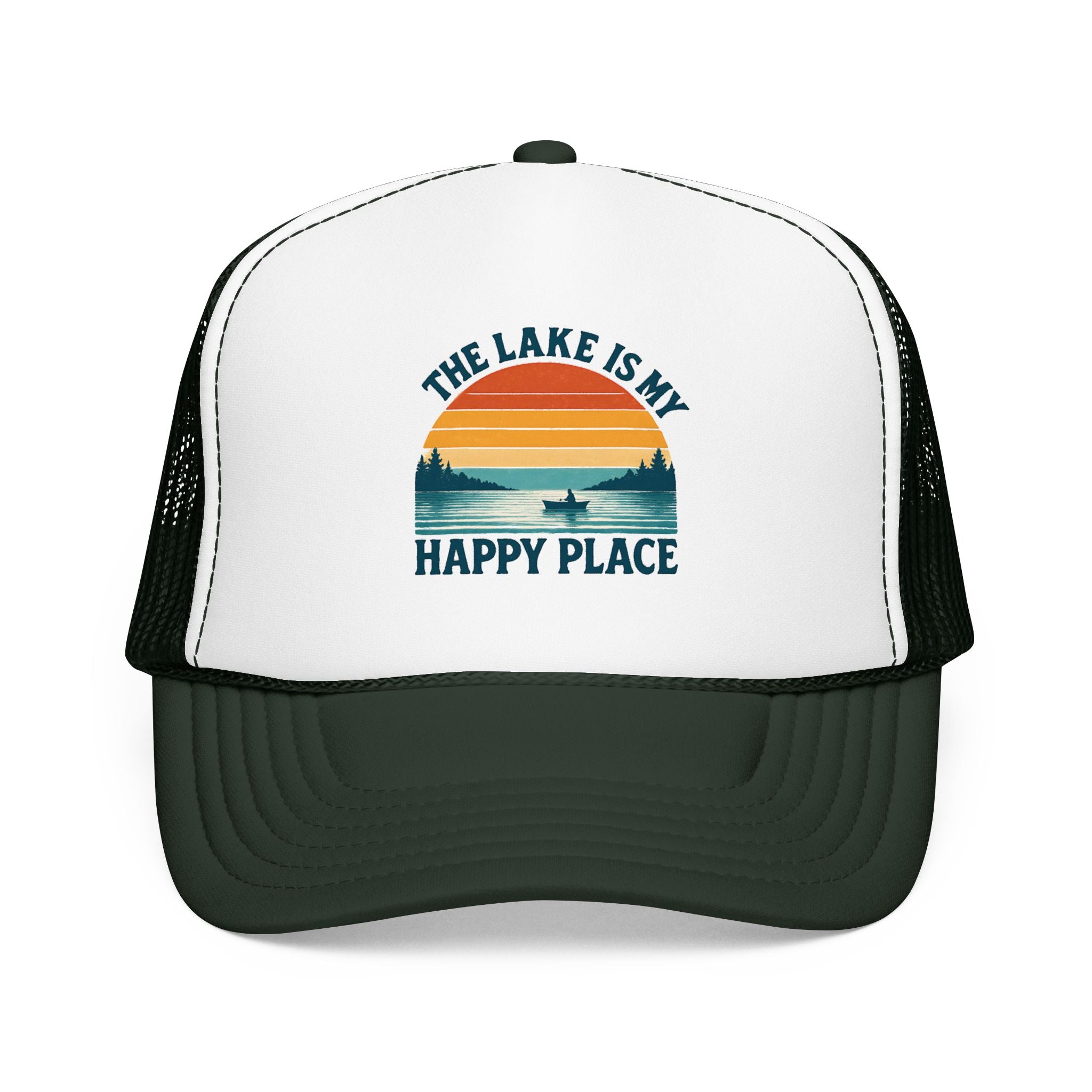 Lake Is My Happy Place Trucker Hat — Vintage Sunset Fishing Foam Cap