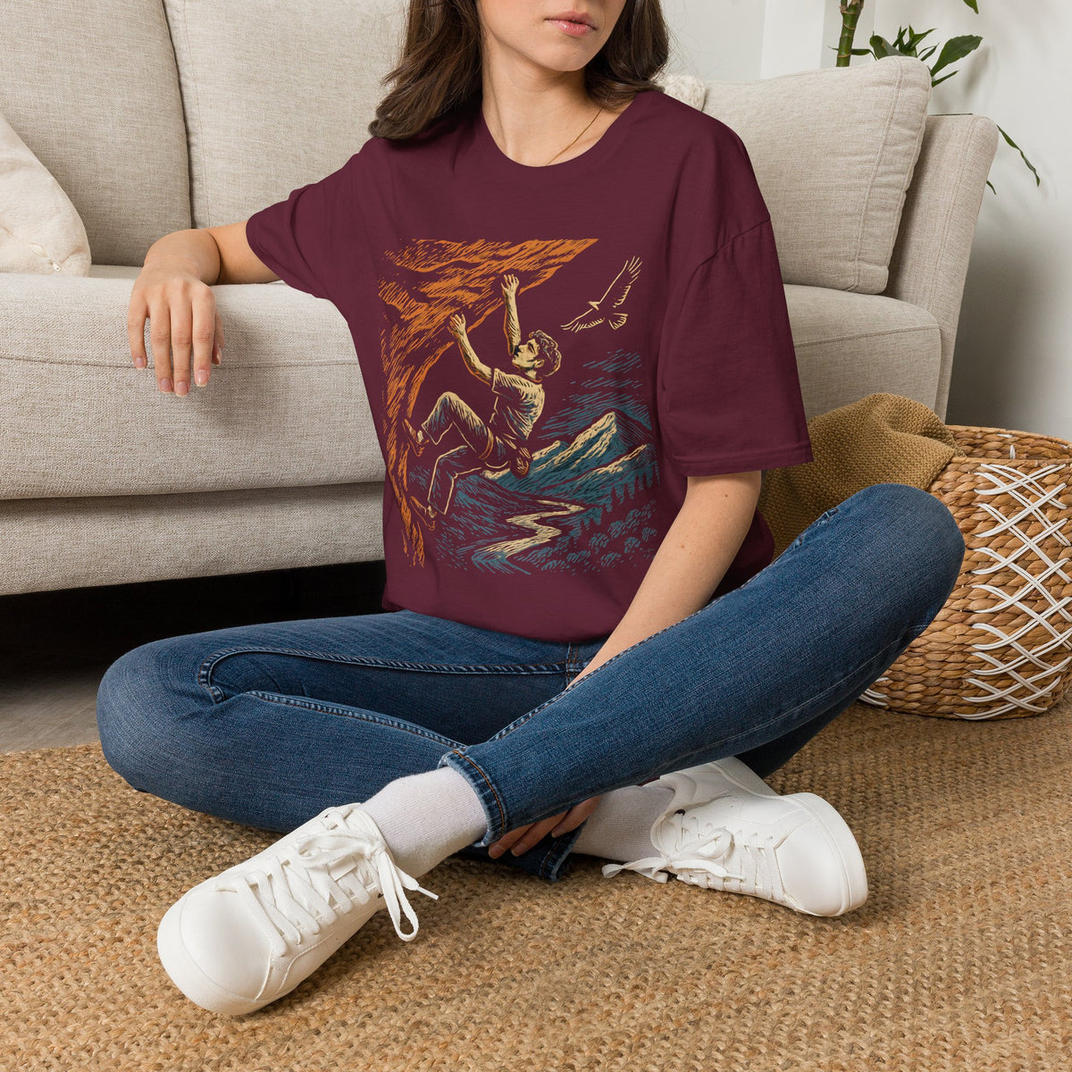 Climber on Cliff with Eagle T-Shirt - Mountain Climber Tee
