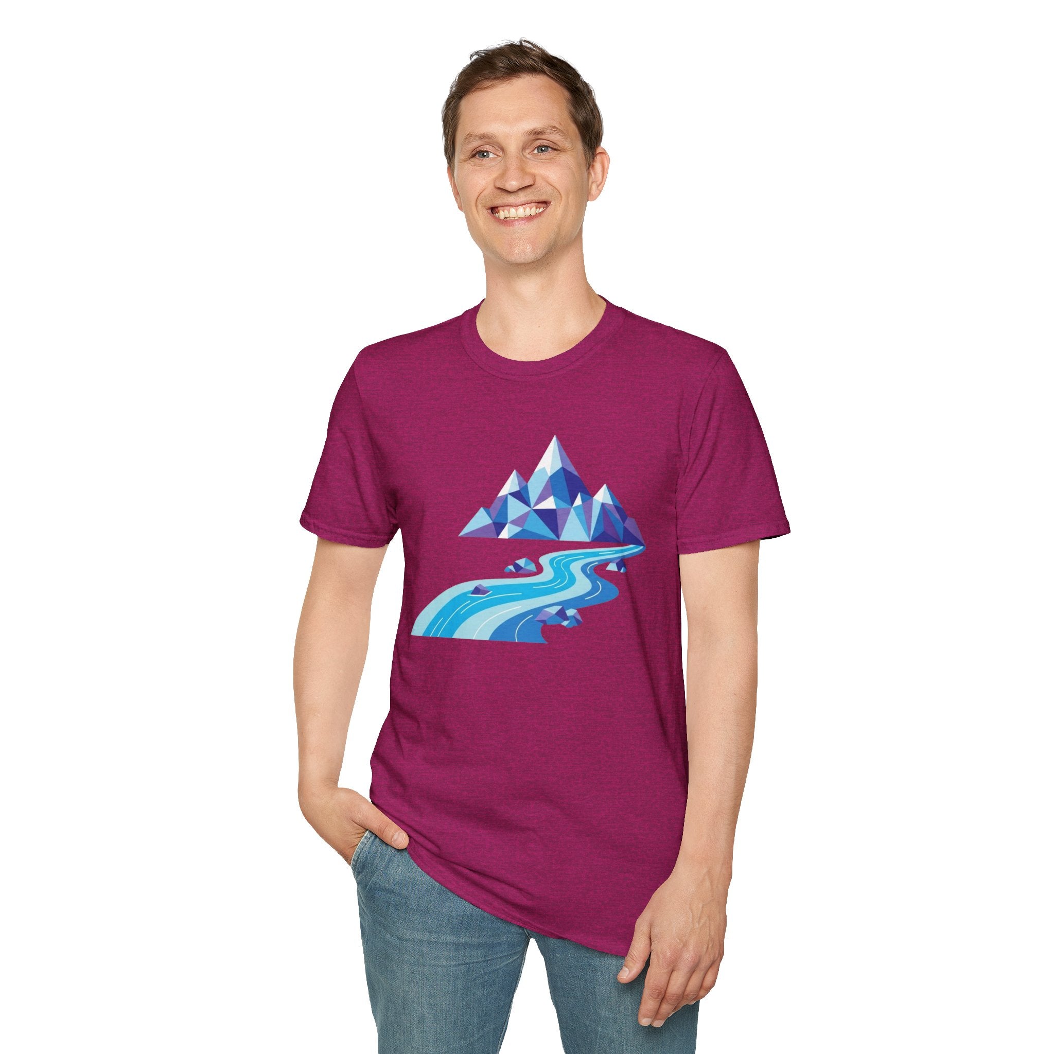 Mountain River T-Shirt — Geometric Blue Peaks & Flowing River