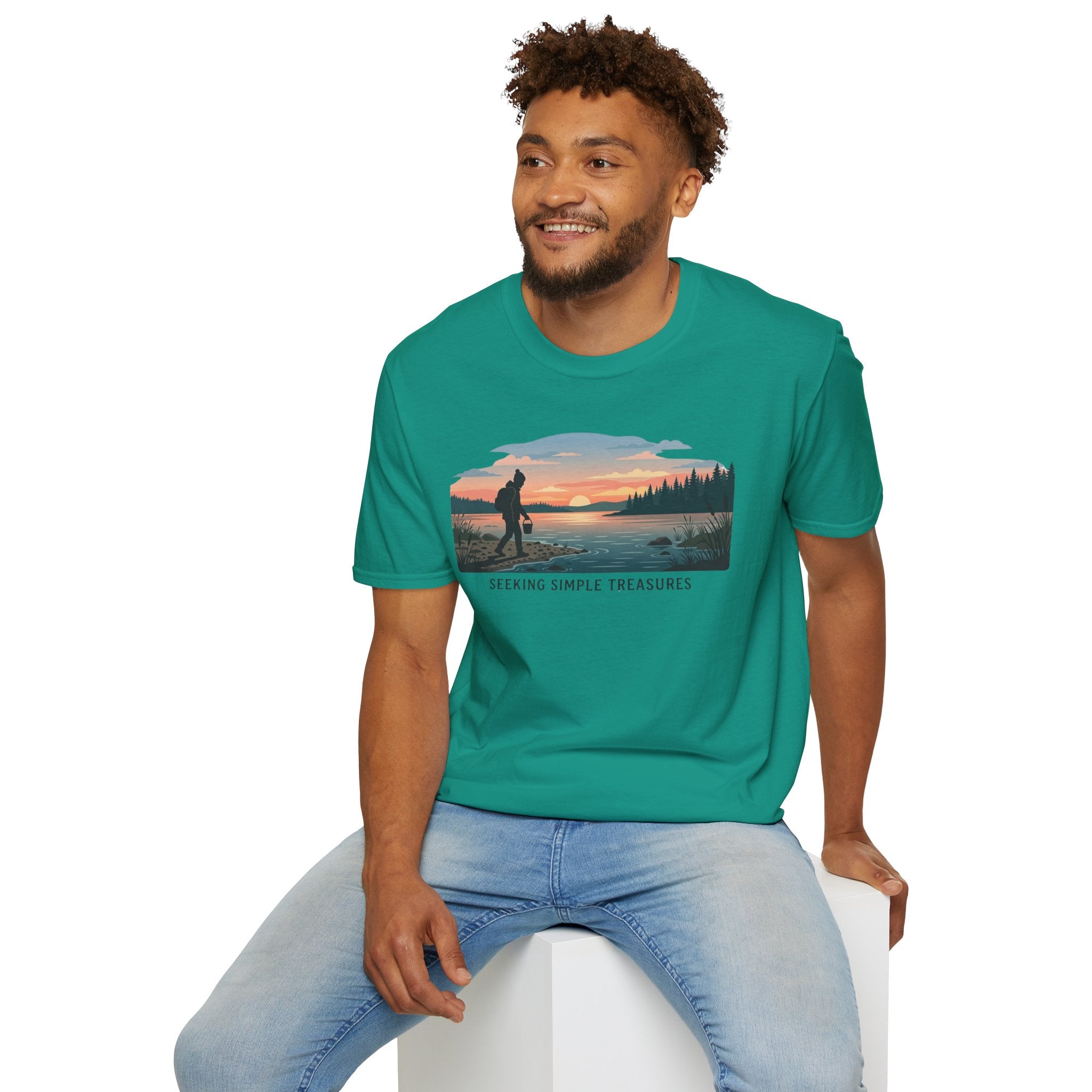 Outdoor T-Shirt — "Seeking Simple Treasures" Sunset Hiker Graphic