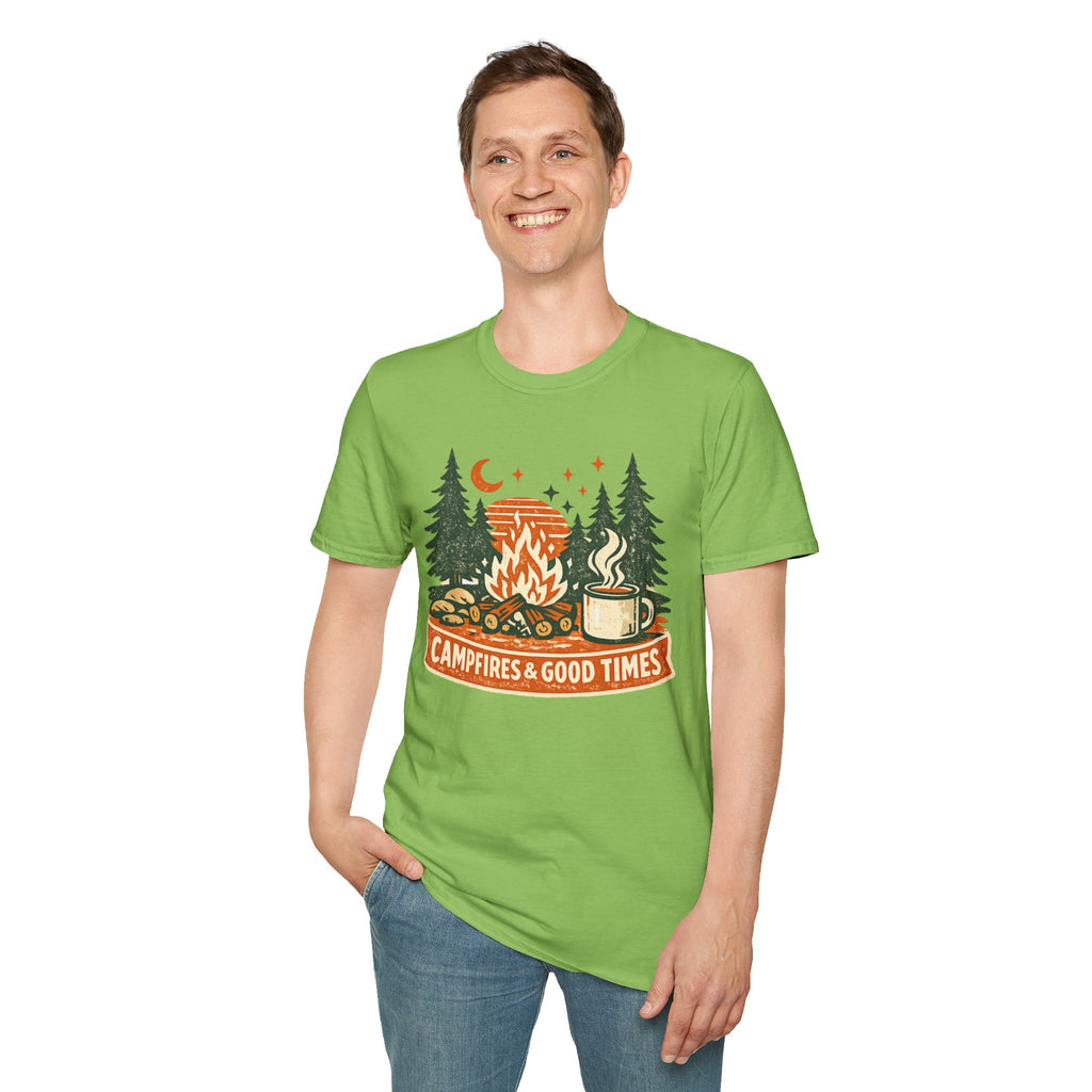 "Campfires & Good Times" T-Shirt — Retro Camping Tee with Bonfire, Trees & Coffee Mug