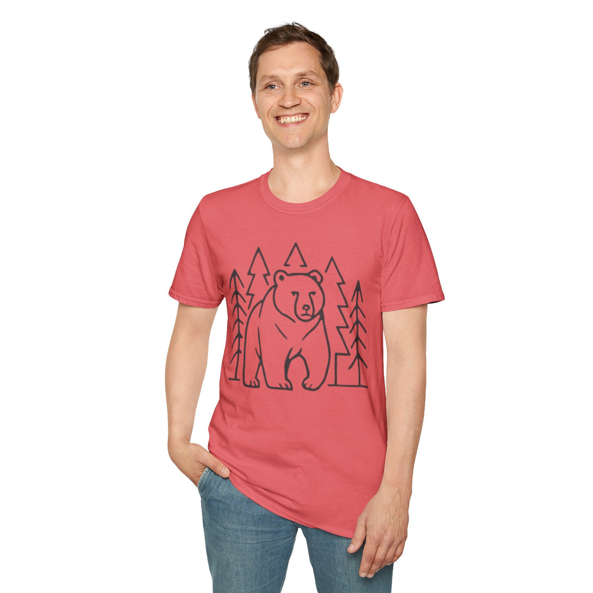 Bear & Pines Minimal Line Drawing Woodland Tee Shirt