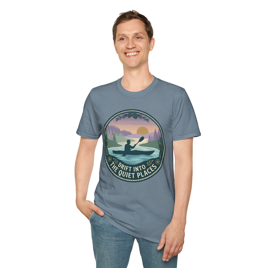 "Drift Into The Quiet Places" Kayak Sunset T‑Shirt — Outdoor Relaxation Tee Shirt