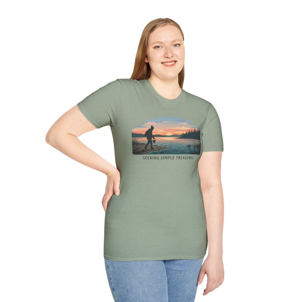 Outdoor T-Shirt — "Seeking Simple Treasures" Sunset Hiker Graphic