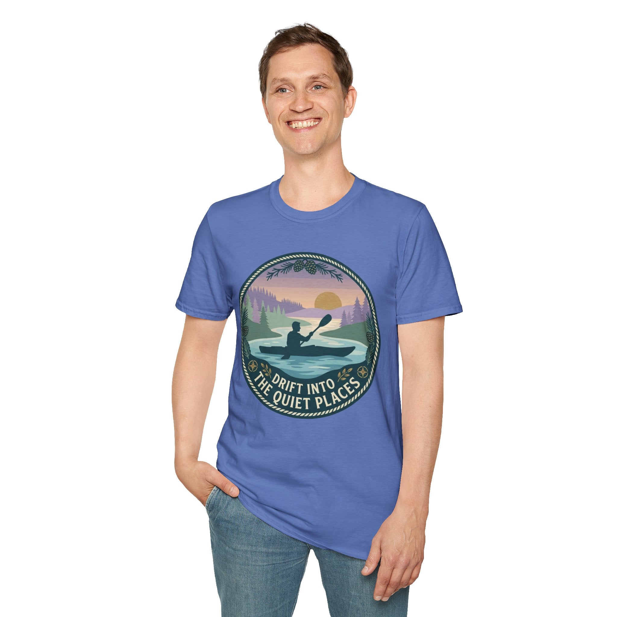 Kayak Sunset T‑Shirt — "Drift Into The Quiet Places" Outdoor Relaxation Tee