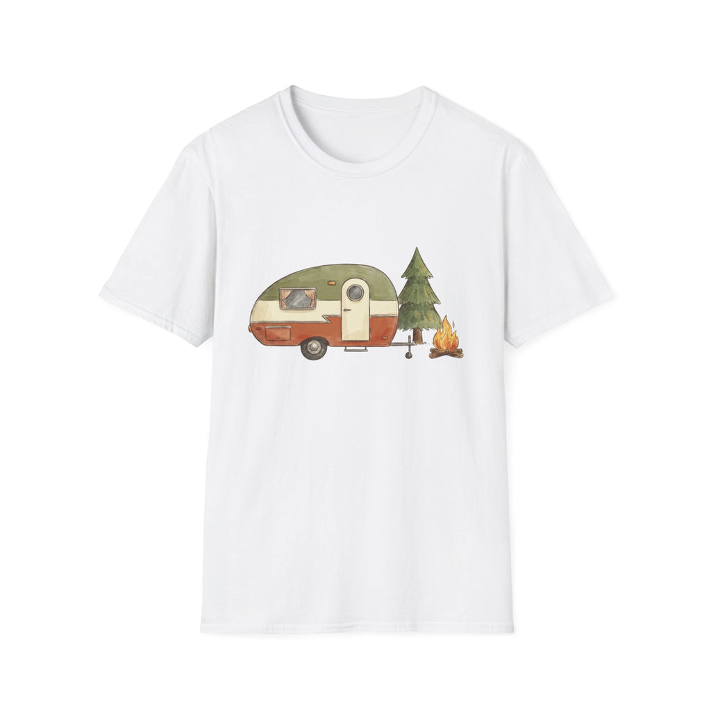Vintage Camper & Campfire T-Shirt — Retro Trailer Camping Graphic Tee