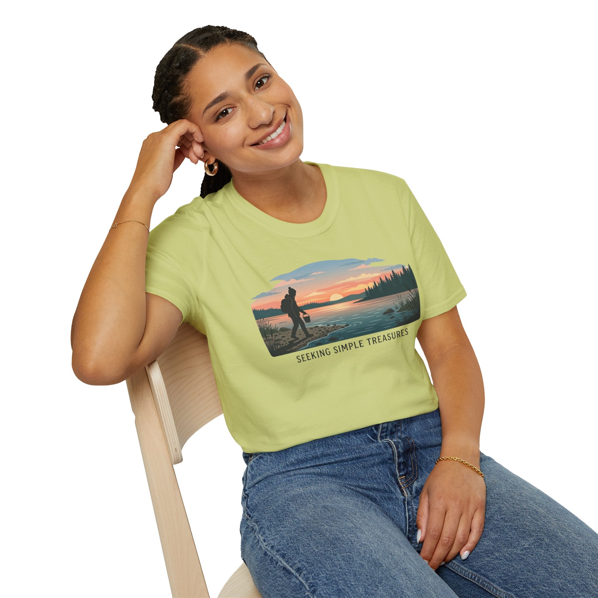Outdoor T-Shirt — "Seeking Simple Treasures" Sunset Hiker Graphic