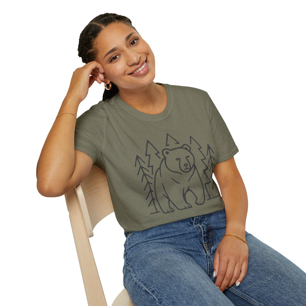 Bear & Pines T-Shirt — Minimal Line Drawing Woodland Tee