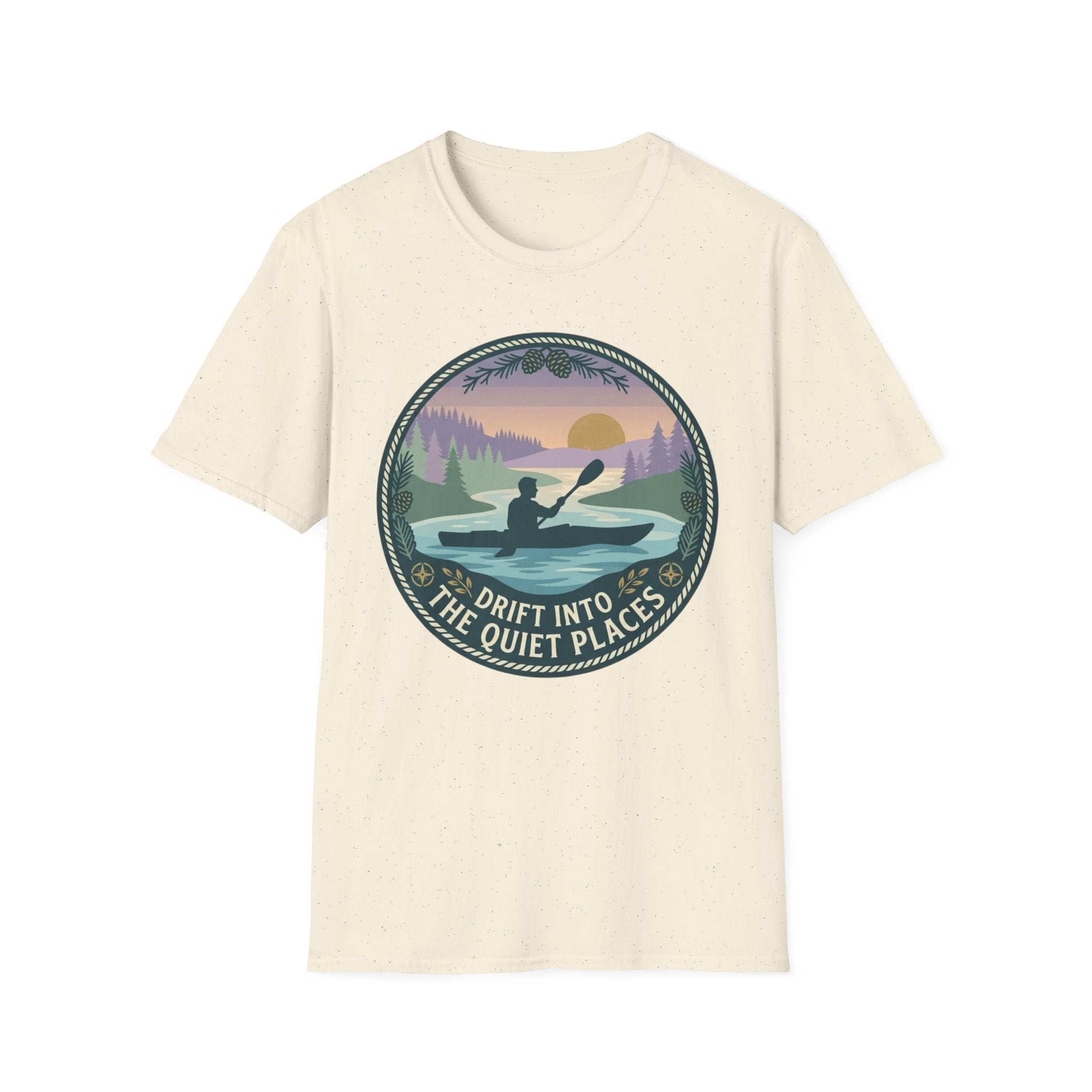 Kayak Sunset T‑Shirt — "Drift Into The Quiet Places" Outdoor Relaxation Tee