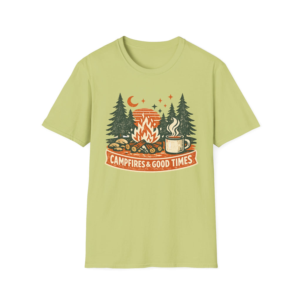 "Campfires & Good Times" T-Shirt — Retro Camping Tee with Bonfire, Trees & Coffee Mug