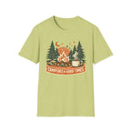"Campfires & Good Times" T-Shirt — Retro Camping Tee with Bonfire, Trees & Coffee Mug