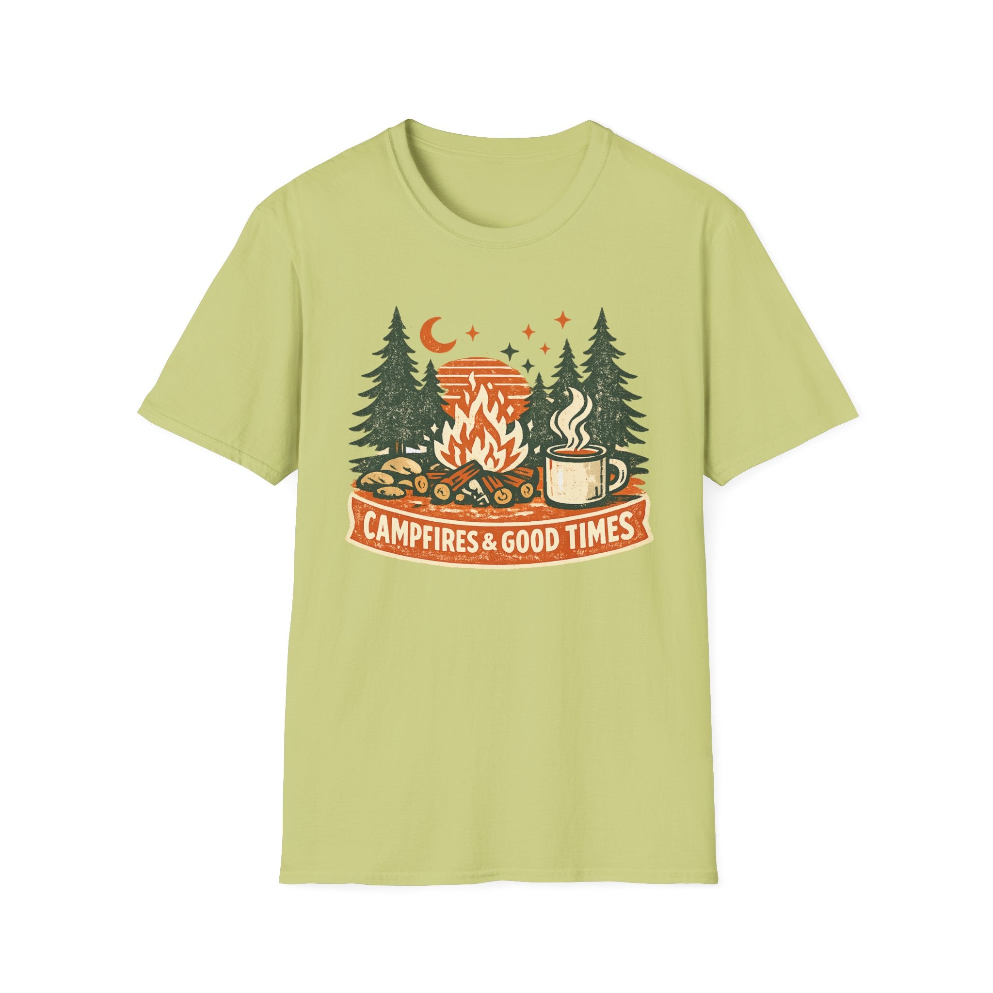 "Campfires & Good Times" T-Shirt — Retro Camping Tee with Bonfire, Trees & Coffee Mug