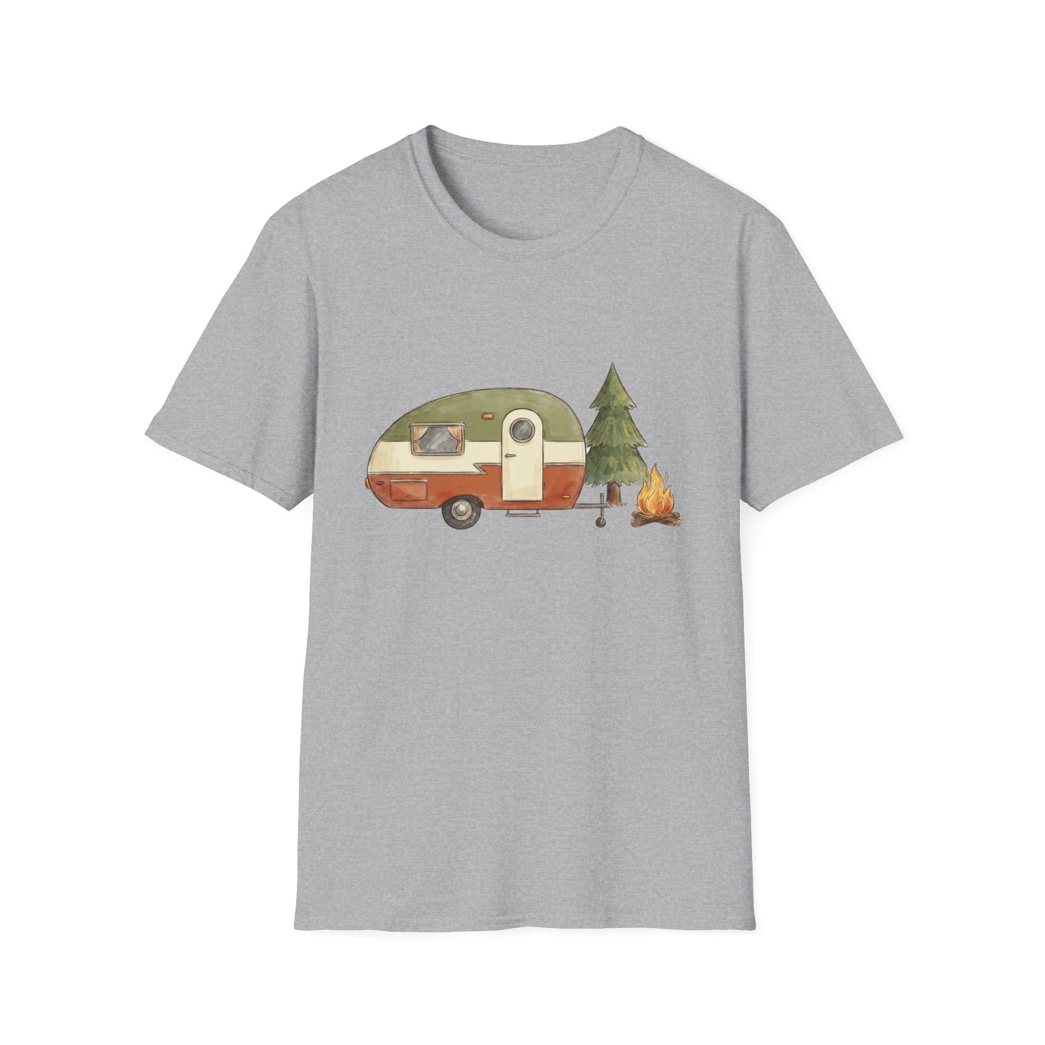 Vintage Camper & Campfire T-Shirt — Retro Trailer Camping Graphic Tee