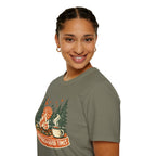 "Campfires & Good Times" T-Shirt — Retro Camping Tee with Bonfire, Trees & Coffee Mug