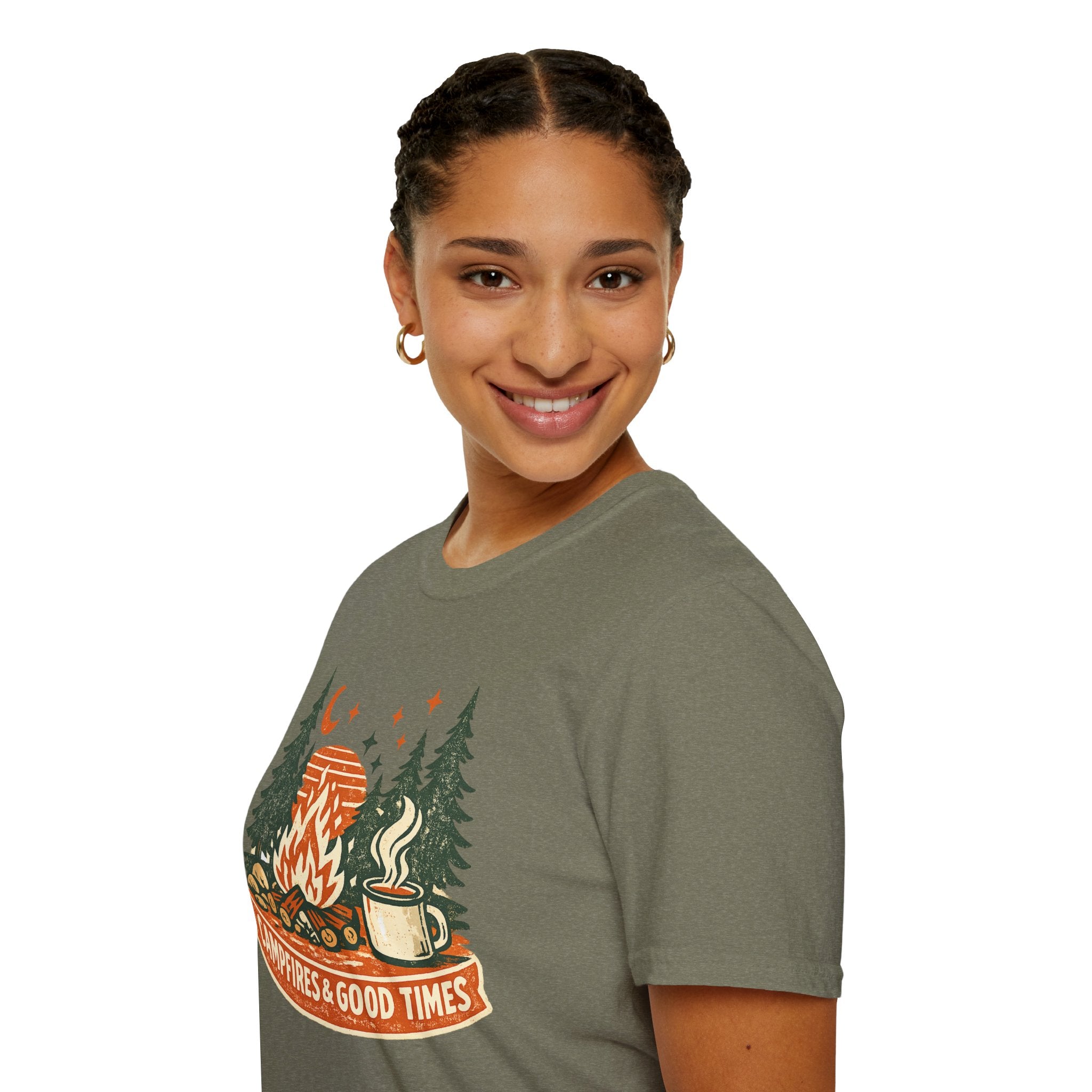 "Campfires & Good Times" T-Shirt — Retro Camping Tee with Bonfire, Trees & Coffee Mug