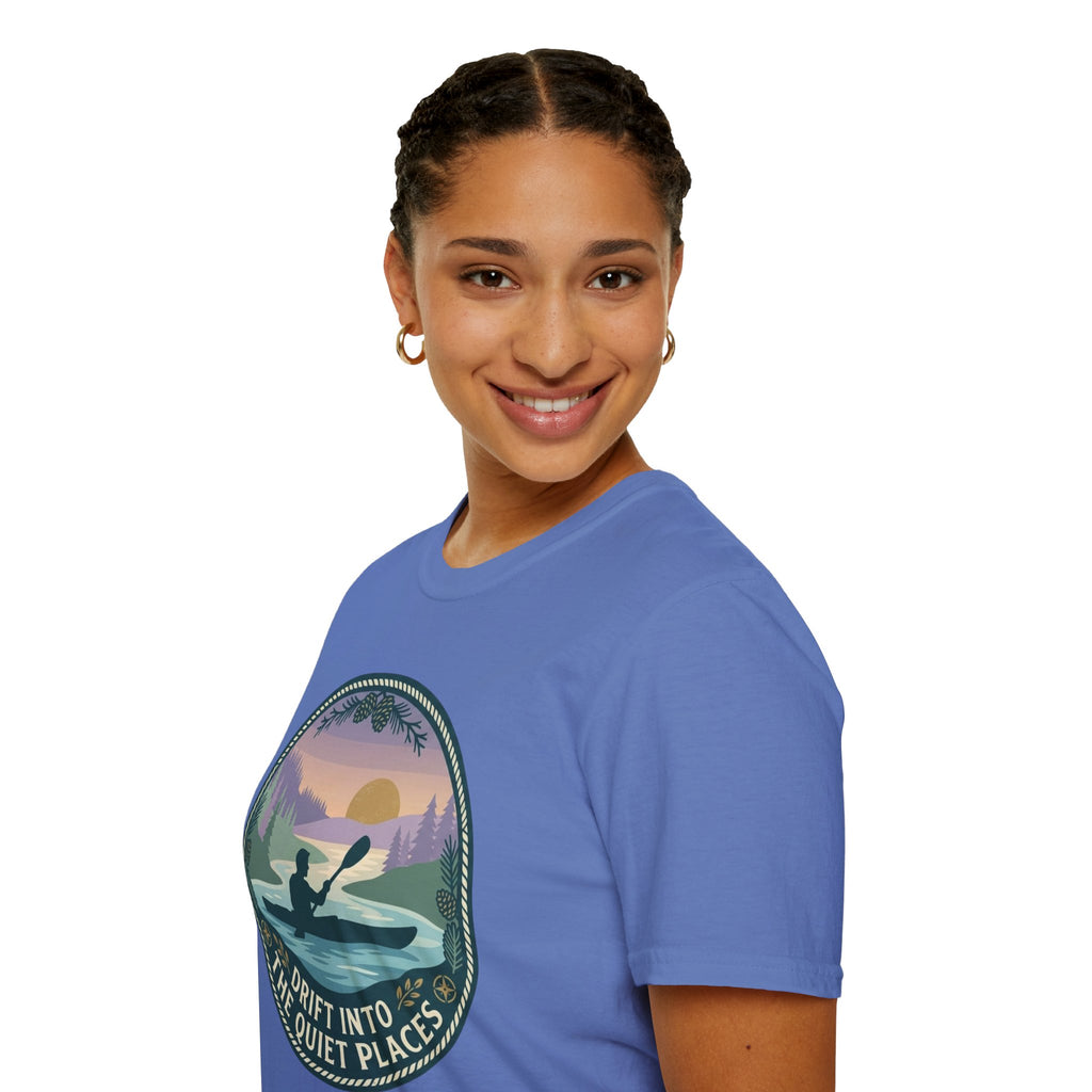 Kayak Sunset T‑Shirt — "Drift Into The Quiet Places" Outdoor Relaxation Tee