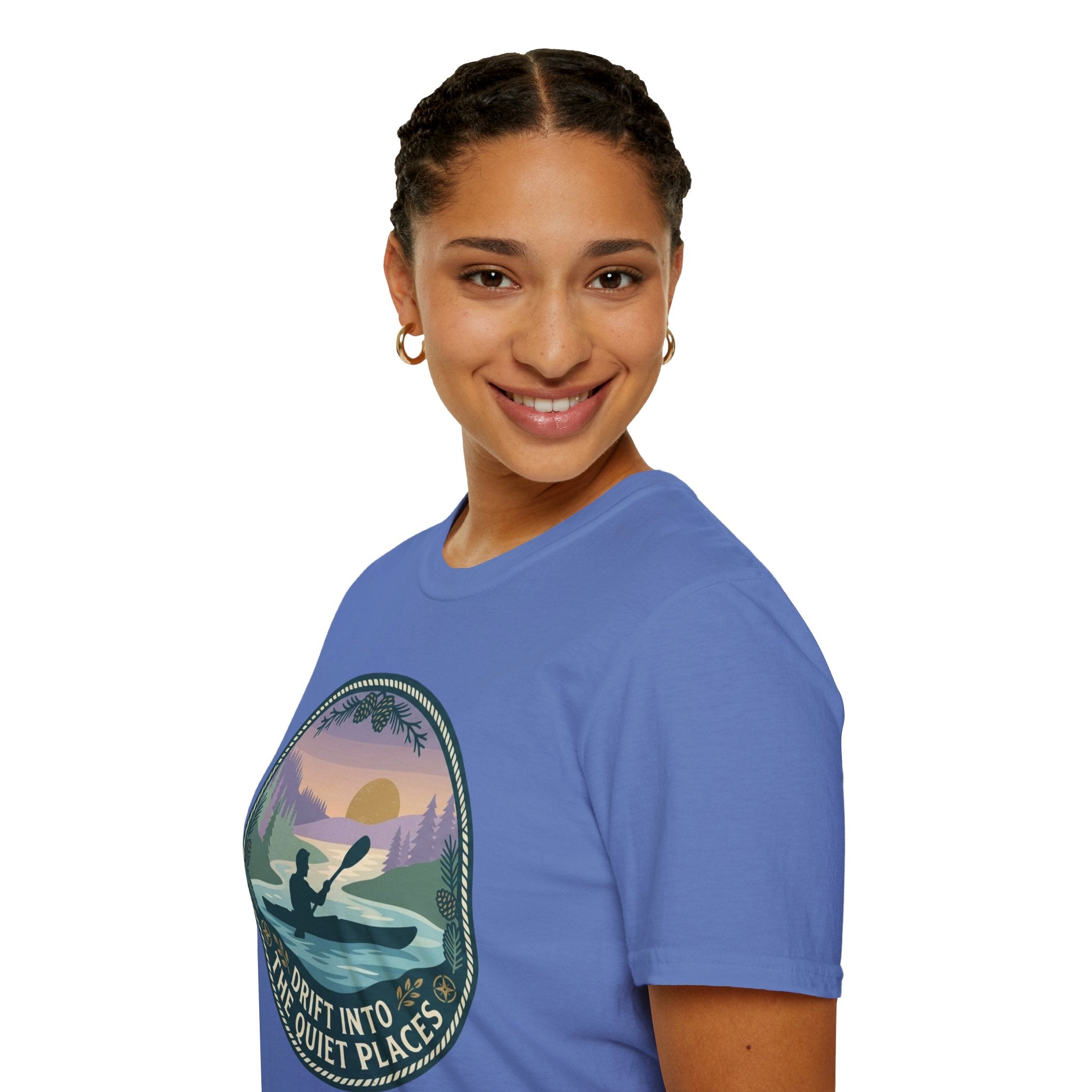 Kayak Sunset T‑Shirt — "Drift Into The Quiet Places" Outdoor Relaxation Tee