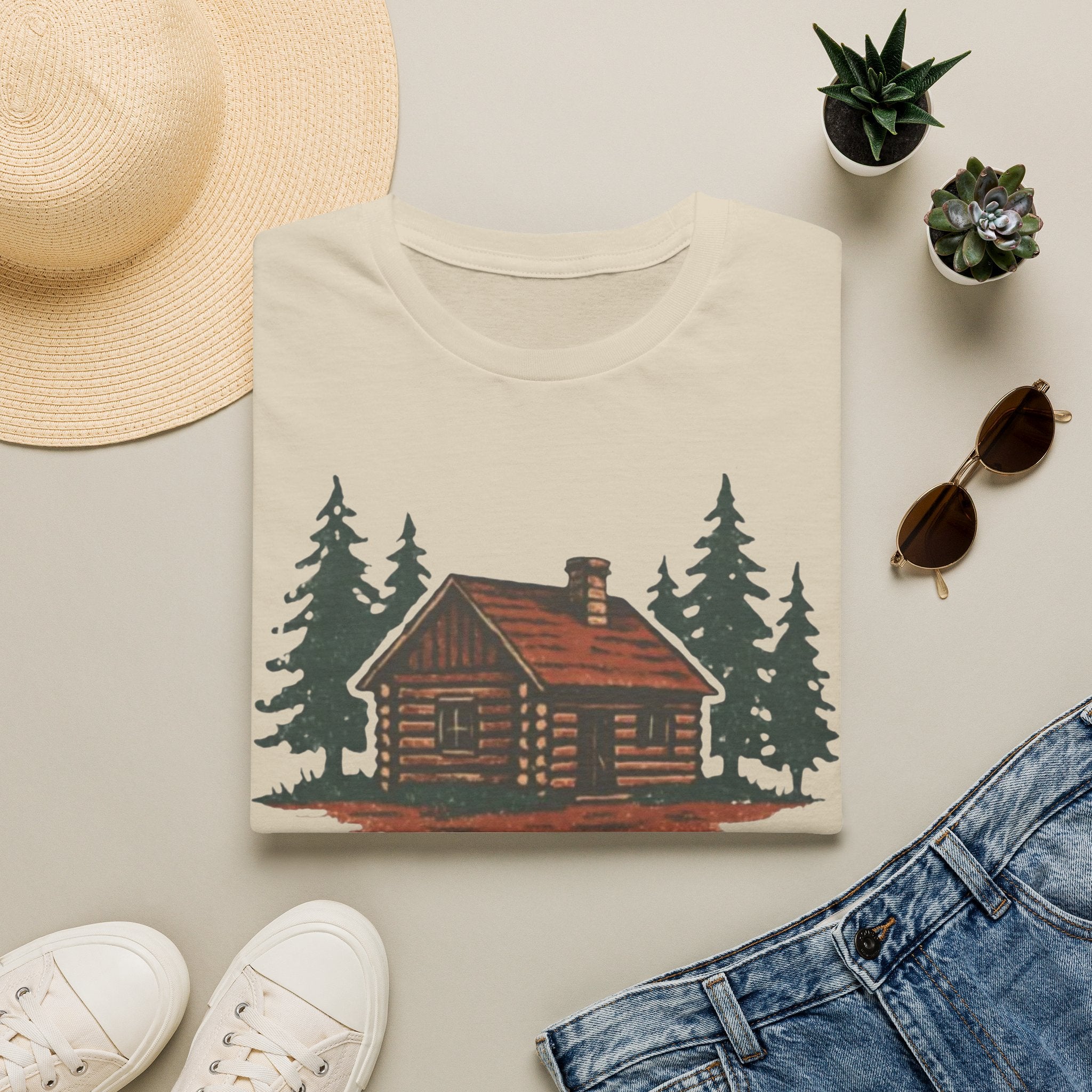 Vintage Cozy Cabin T-Shirt — Faded Pine Tree Cabin Tee