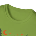 "Campfires & Good Times" T-Shirt — Retro Camping Tee with Bonfire, Trees & Coffee Mug