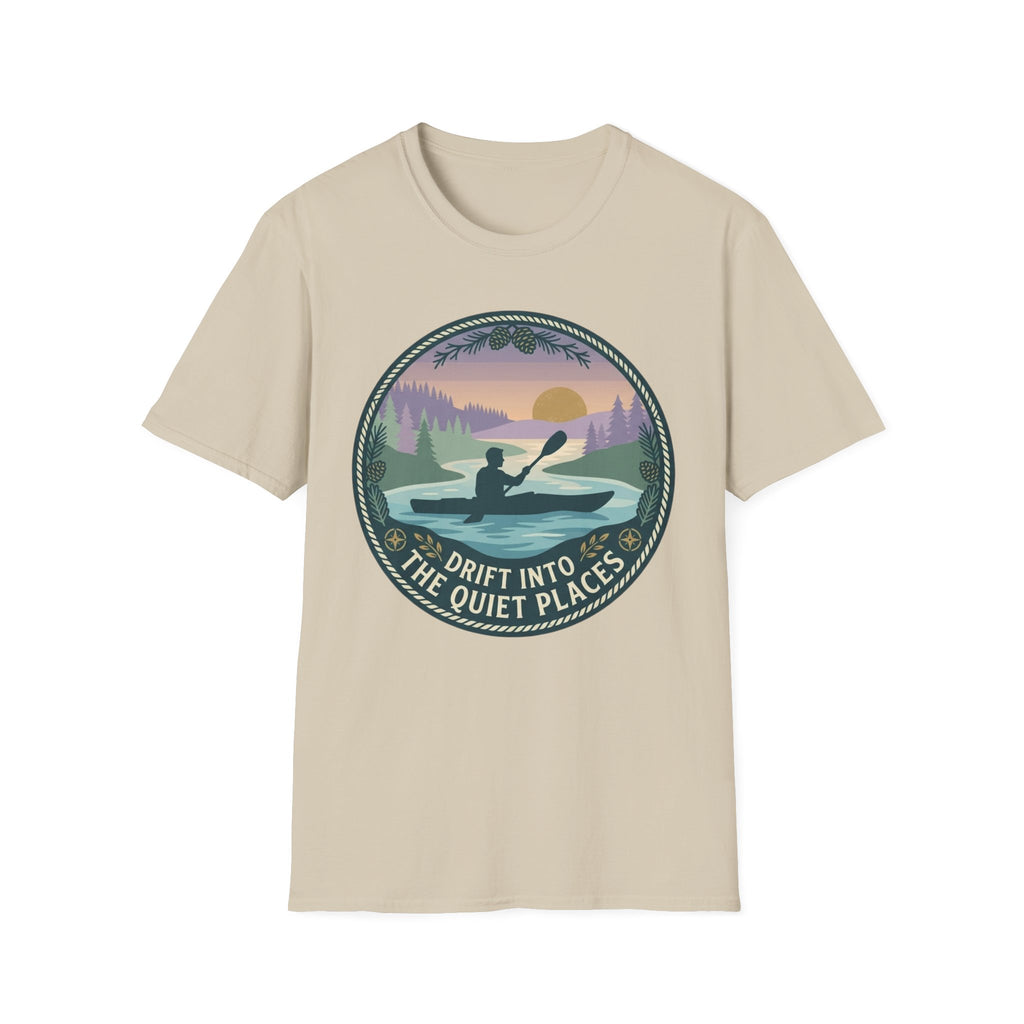 "Drift Into The Quiet Places" Kayak Sunset T‑Shirt — Outdoor Relaxation Tee Shirt