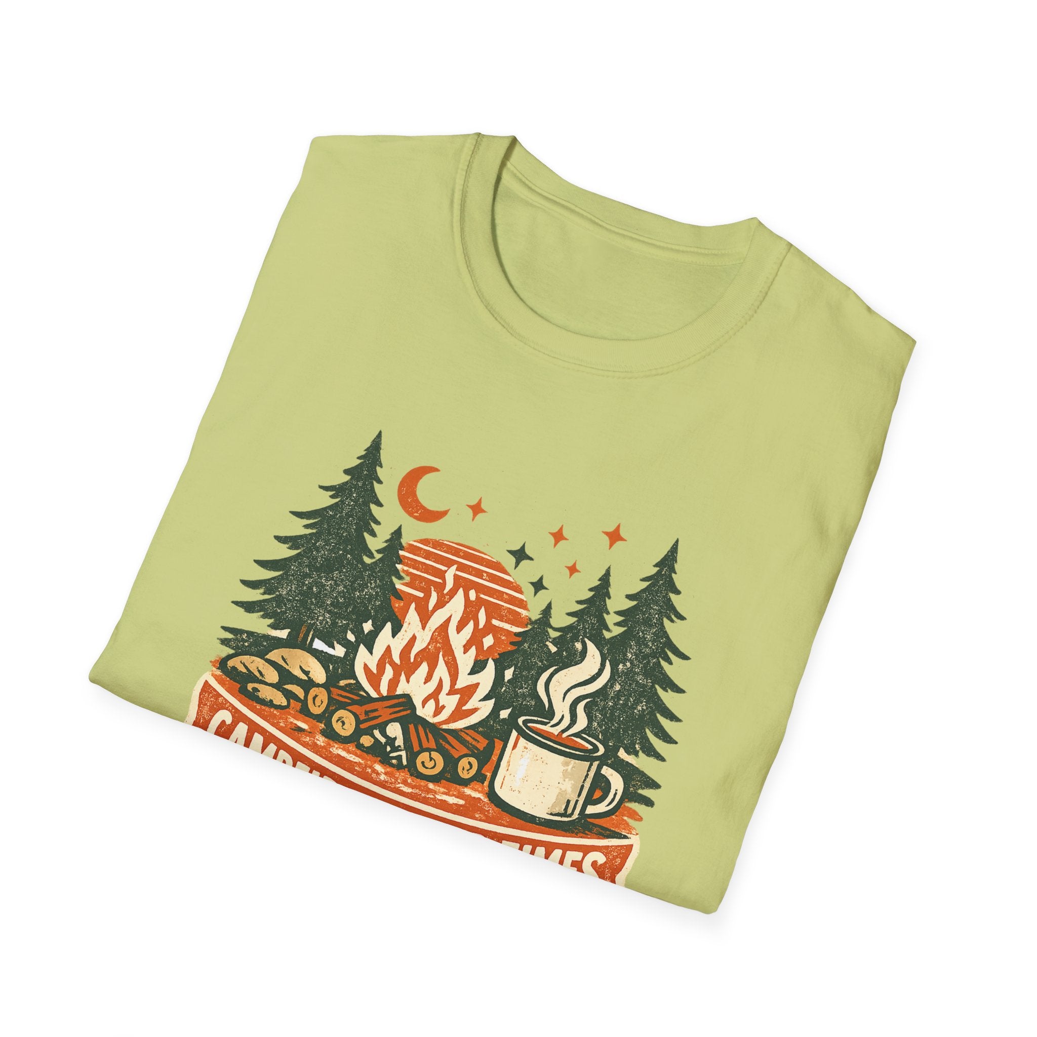 Campfires & Good Times T-Shirt — Retro Camping Tee with Bonfire, Trees & Coffee Mug