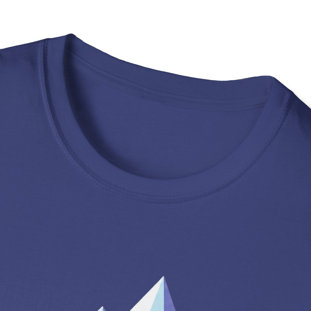 Mountain River T-Shirt — Geometric Blue Peaks & Flowing River