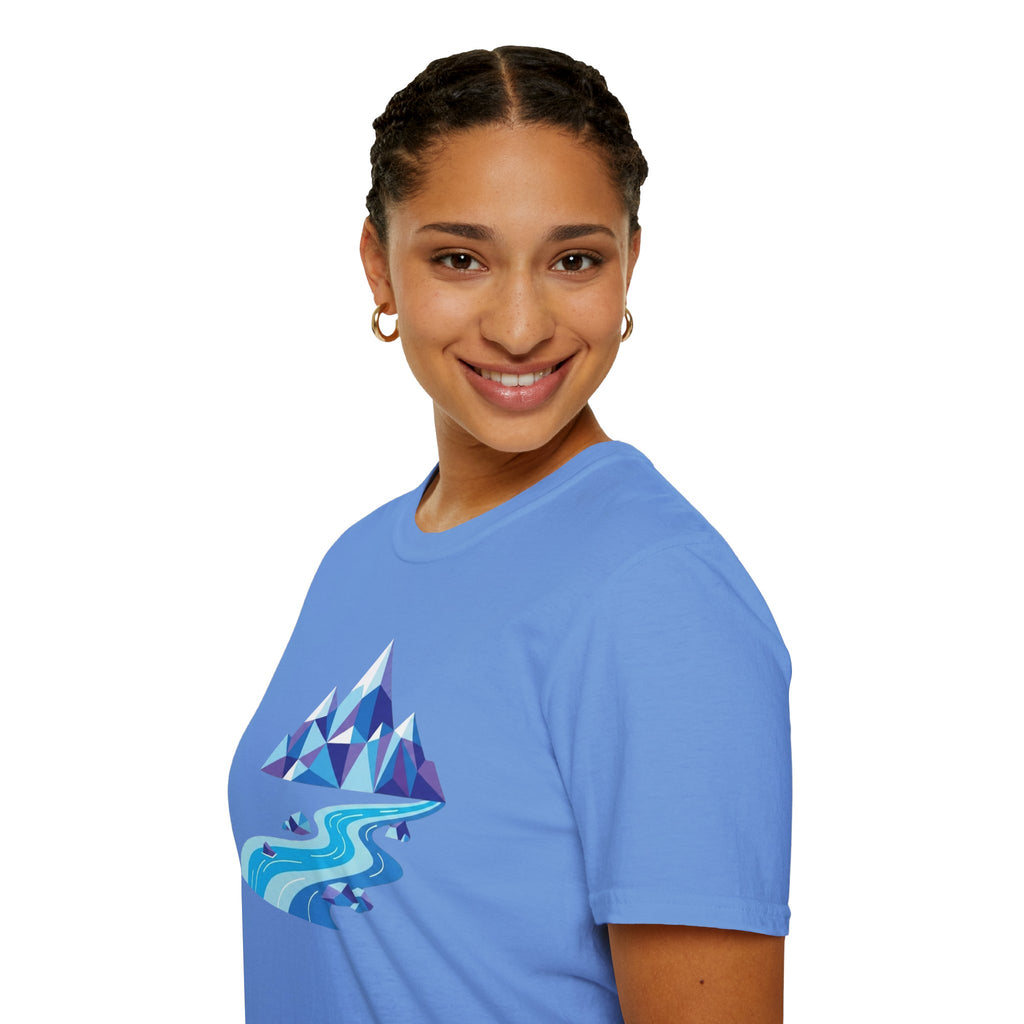 Mountain River T-Shirt — Geometric Blue Peaks & Flowing River