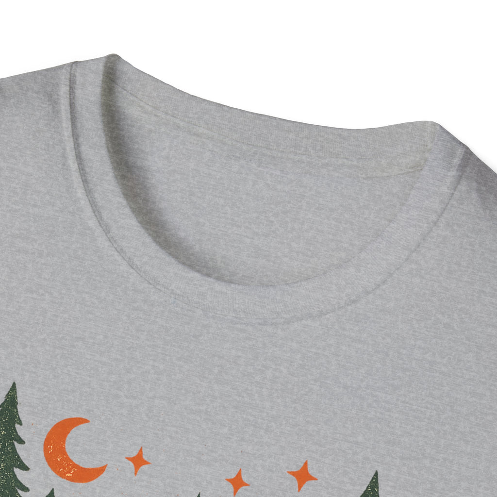 "Campfires & Good Times" T-Shirt — Retro Camping Tee with Bonfire, Trees & Coffee Mug