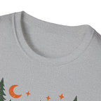 "Campfires & Good Times" T-Shirt — Retro Camping Tee with Bonfire, Trees & Coffee Mug