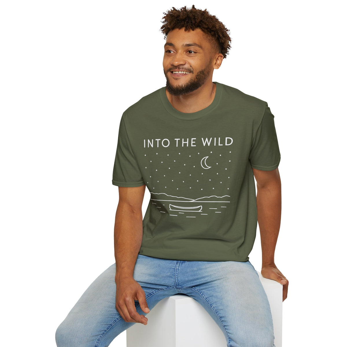 Into The Wild Canoe T-Shirt - Minimal Night Sky Lake Camping Tee
