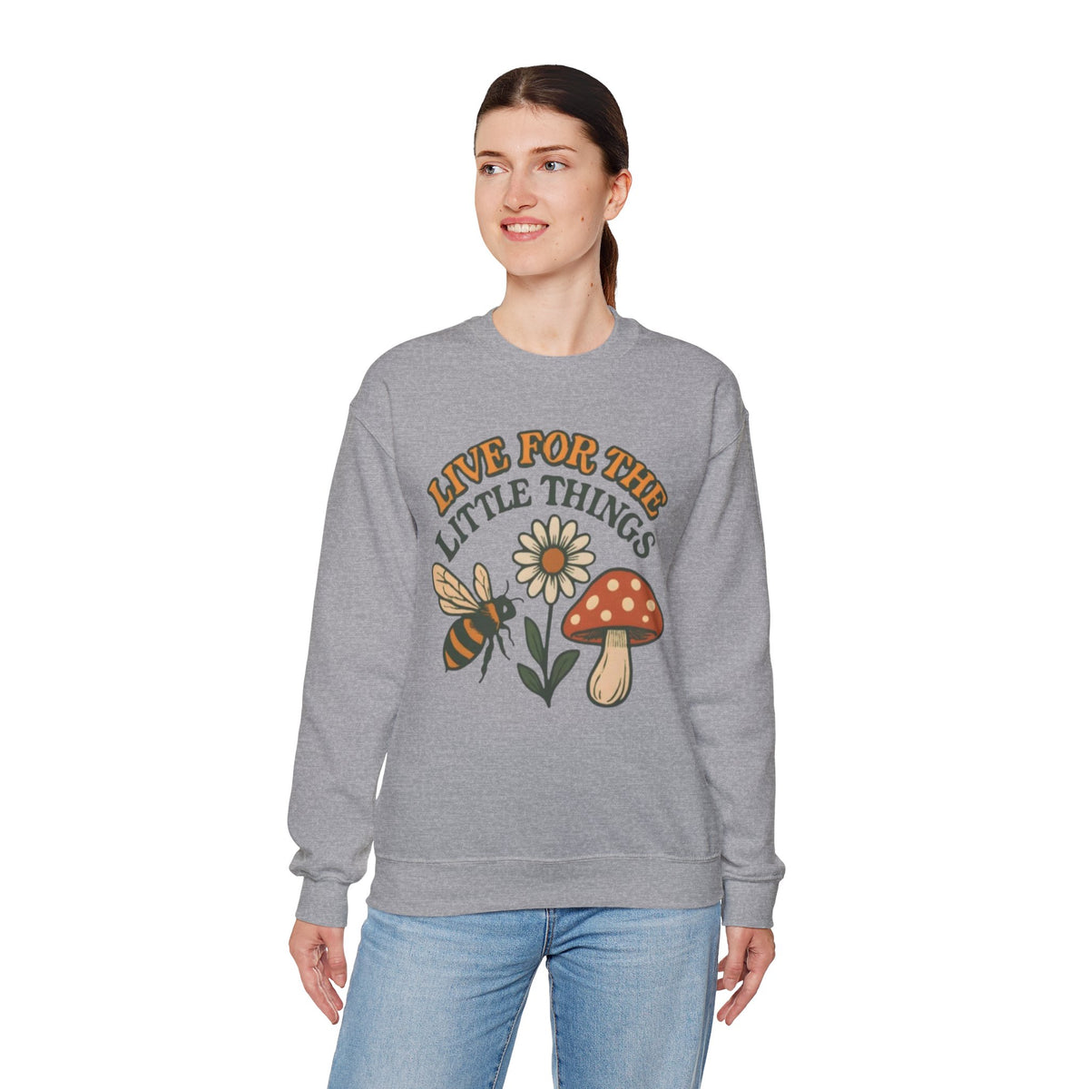 "Live For The Little Things" Bee, Daisy & Mushroom Retro Nature Design Crewneck Sweatshirt