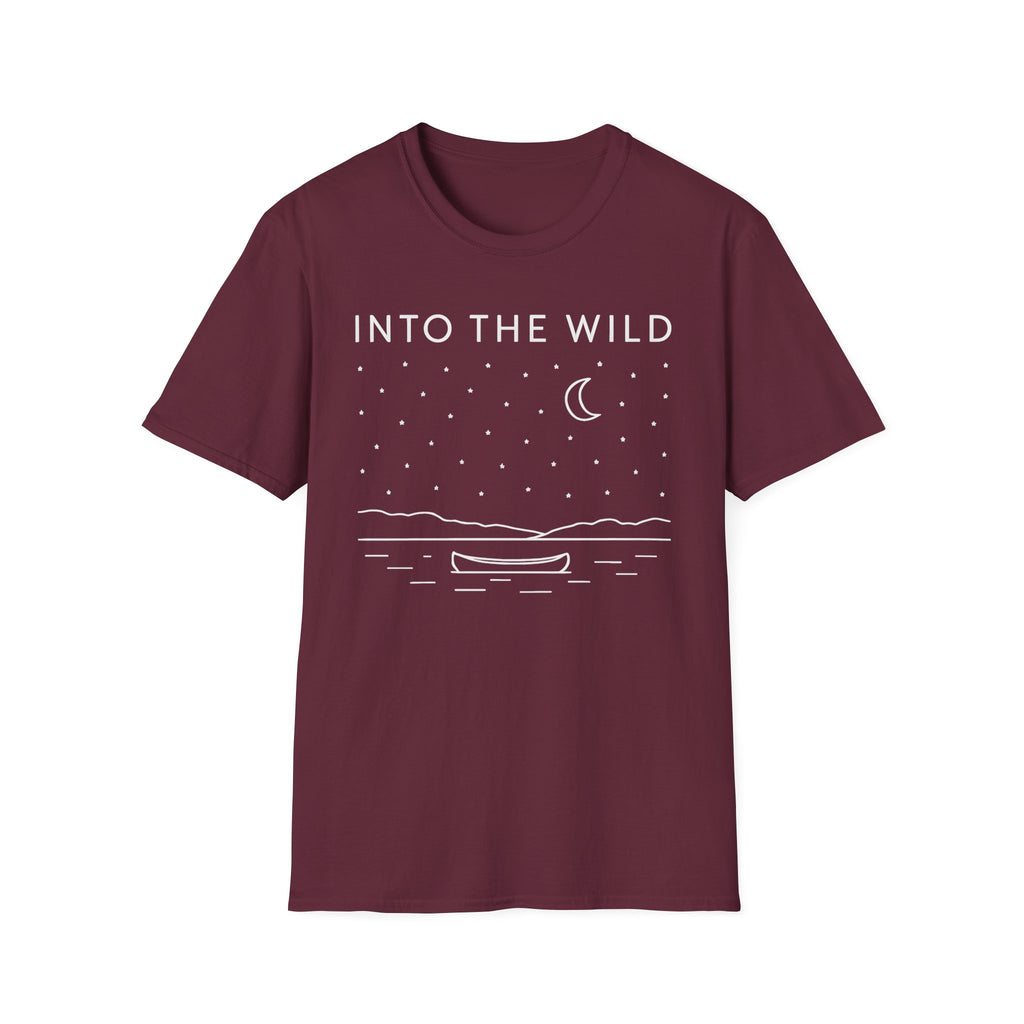 Into The Wild Canoe T-Shirt - Minimal Night Sky Lake Camping Tee