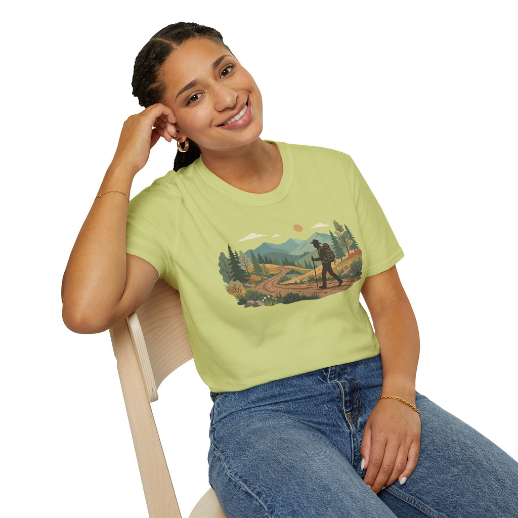 Hiker Mountain Sunset T-Shirt — Scenic Trail Adventure Tee