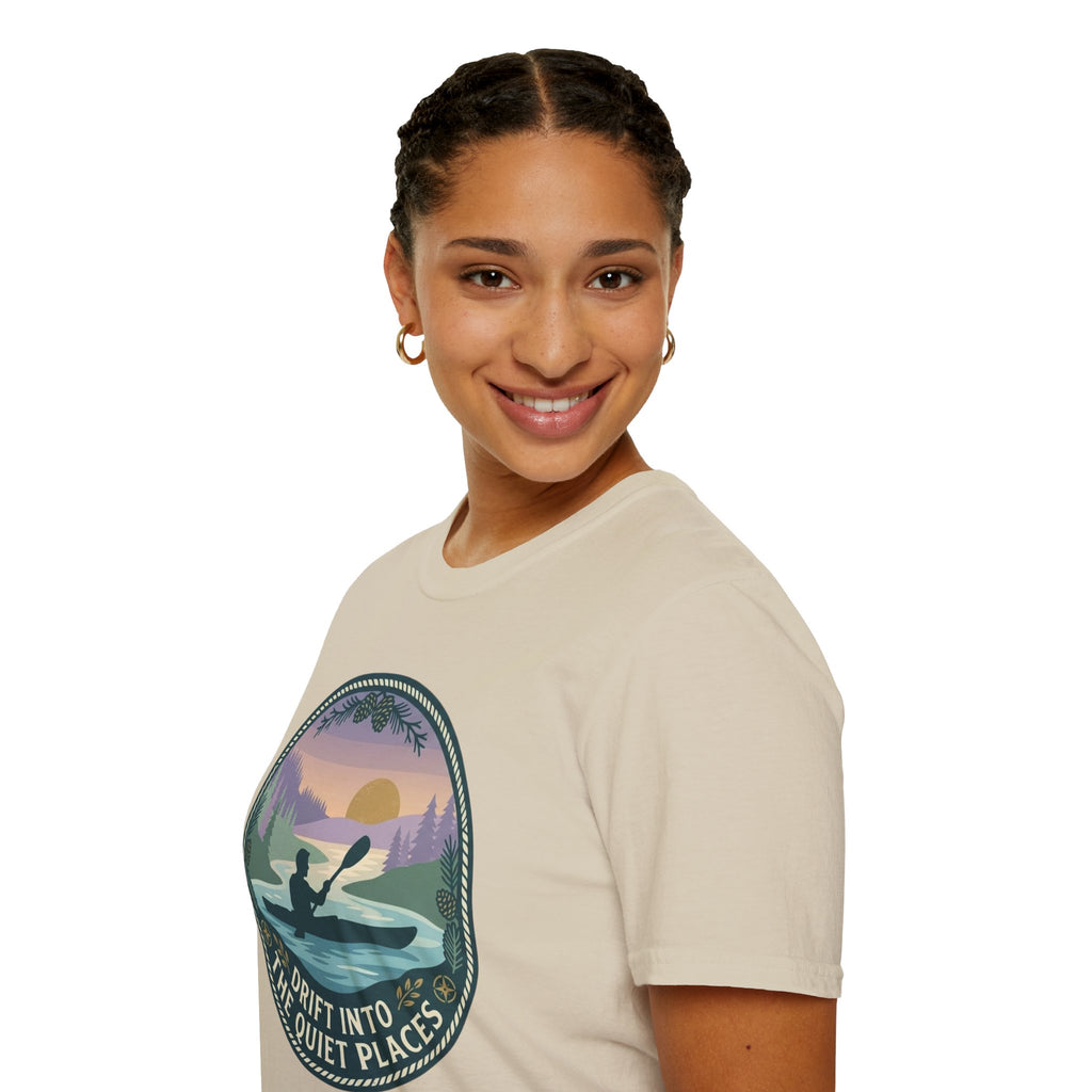 Kayak Sunset T‑Shirt — "Drift Into The Quiet Places" Outdoor Relaxation Tee