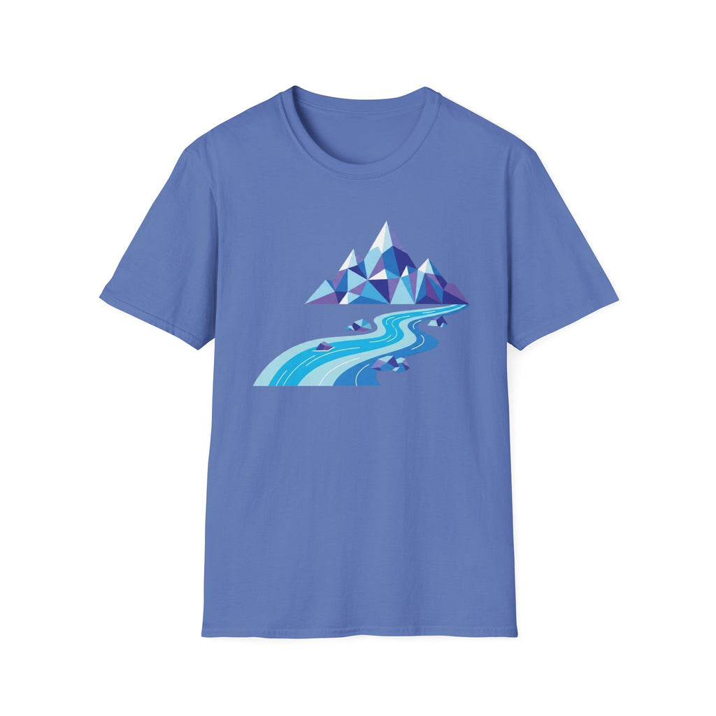 Mountain River T-Shirt — Geometric Blue Peaks & Flowing River