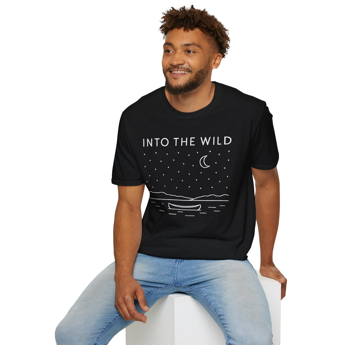 Into The Wild Canoe T-Shirt - Minimal Night Sky Lake Camping Tee