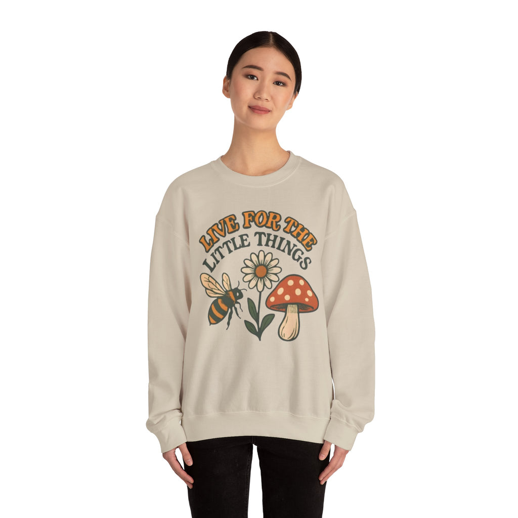 "Live For The Little Things" Bee, Daisy & Mushroom Retro Nature Design Crewneck Sweatshirt