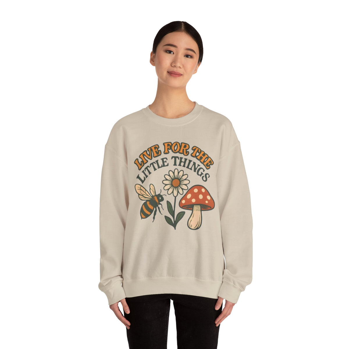 "Live For The Little Things" Bee, Daisy & Mushroom Retro Nature Design Crewneck Sweatshirt
