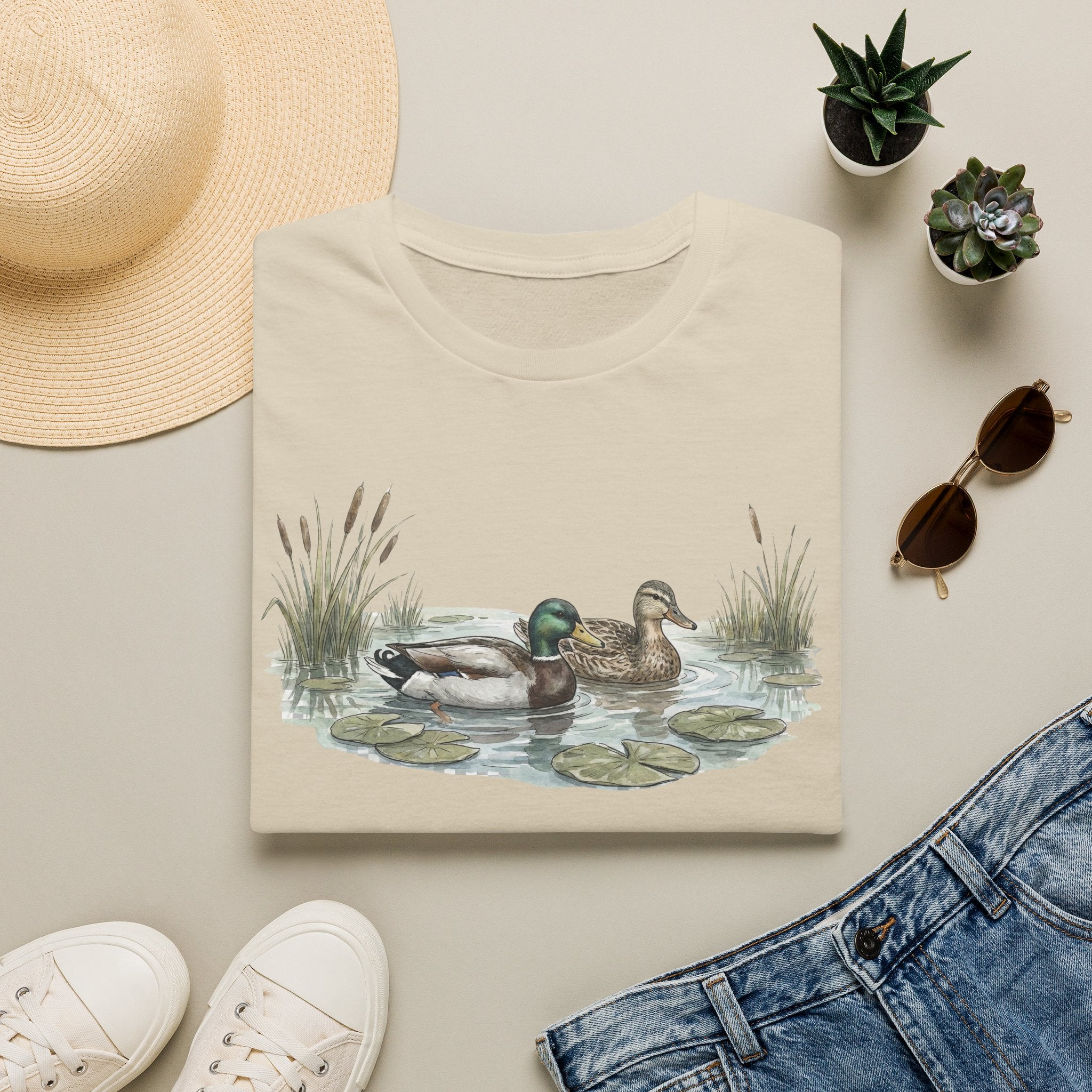 Duck Pair T-Shirt — Watercolor Mallard Ducks on Pond Nature Tee