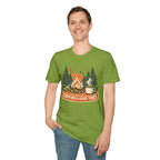 "Campfires & Good Times" T-Shirt — Retro Camping Tee with Bonfire, Trees & Coffee Mug
