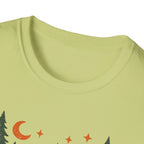 "Campfires & Good Times" T-Shirt — Retro Camping Tee with Bonfire, Trees & Coffee Mug